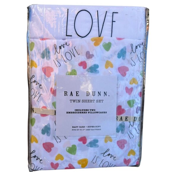 New Rae Dunn Rainbow Heart Love is Love Print Twin 3 Piece Sheet Set Embroidered - Picture 1 of 2